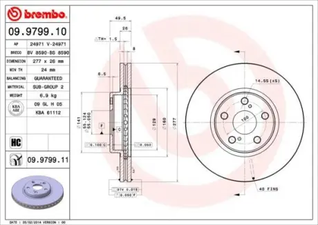 Гальмівний диск пер. Avensis 03- (277x49mm) BREMBO 09.9799.11