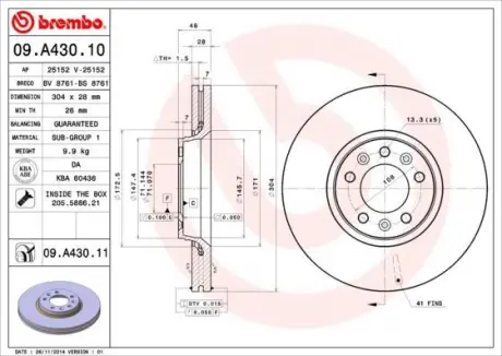 Гальмівний диск пер. Jumpy II/Scudo/Expert 06- (304x48mm) BREMBO 09.A430.10