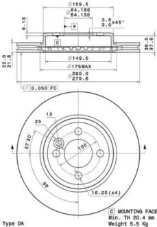 Гальмівний диск пер. MINI R55/R56/R57/R58/R59 (280х22) BREMBO 09.A761.11
