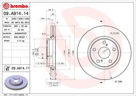Гальмівний диск пер. Auris/Corolla 06- (295x49mm) BREMBO 09.A914.11