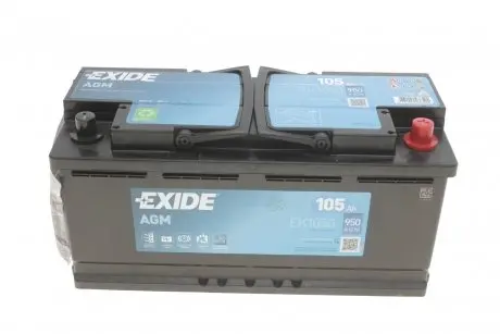 Аккумуляторная батарея 105Ah/950A (392x175x190/+R/B13) (Start-Stop AGM) (аналог EK1060) EXIDE EK1050