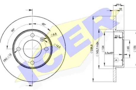 Диск гальмівний (передній) Audi 80 72-86/VW Passat/Golf 73-97/Polo 81-94 (239x10) (з покр.) (повний) ICER 78BD3325-2
