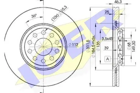 Диск гальмівний (передній) Audi A4/A6/VW Passat 00-09 (312х25) (вент.) ICER 78BD4065-2