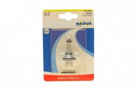 Автолампа H7 12V 55W PX26d Range Power 50+ (блистер/1шт) NARVA 483394000