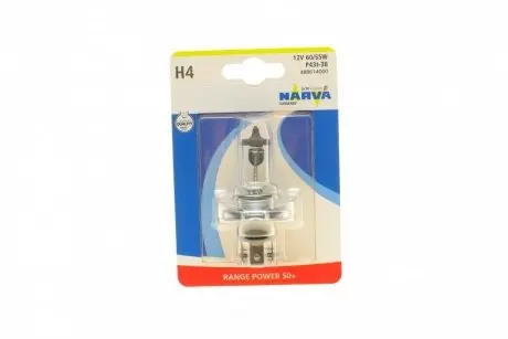 Автолампа H4 12V 60/55W P43t Range Power 50+ (блістер/1шт) NARVA 488614000