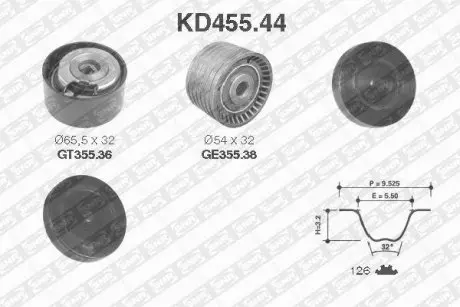 Комплект ГРМ (ремінь+ролик) RENAULT AVANTIME, CLIO III, ESPACE, LAGUNA, MEGANE, VEL SATIS 2.0/2.0T 16V 03.01- SNR NTN KD455.44 (фото 1)