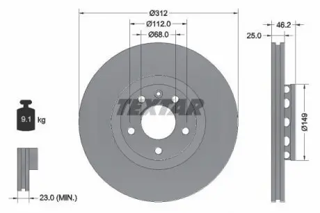 Диск тормозной (передний) Audi A4/A6/VW Passat 00-09 (312х25) PRO+ TEXTAR 92106105