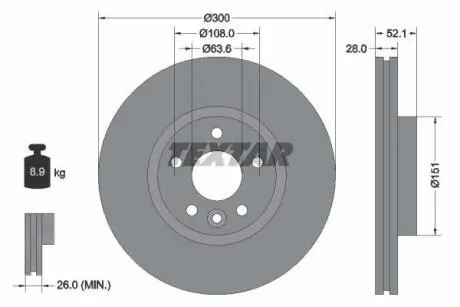 Диск гальмівний передн Лів/Прав (без маточини) VOLVO S60 II, S80 II, V60 I FORD MONDEO III 2.0D/2.4D 10.00-12.14 TEXTAR 92196903 (фото 1)