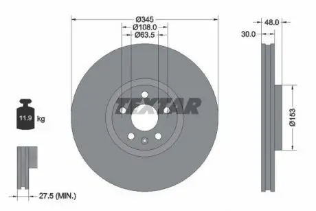 Диск тормозной (передний) Volvo S60 III/S90 II/V60 II/XC90 II 16-(345x30) PRO+ TEXTAR 92289805