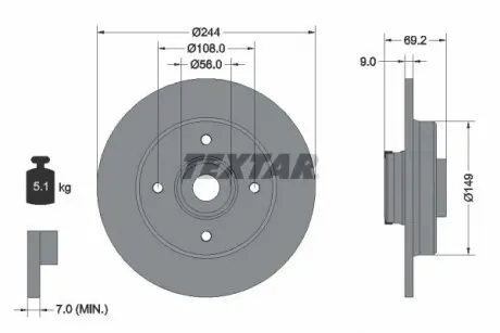 Диск тормозной (задний) Peugeot 2008 12-/Citroen C3 Aircross 10-/C4 Cactus 14-(244x9) (с подшипником) PRO TEXTAR 92305403