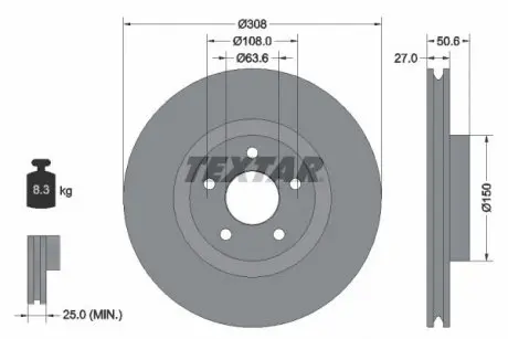 Диск тормозной Ford Focus 1.0/1.5 EcoBoost/2.0 EcoBlue 18- (308x27) PRO TEXTAR 92306703