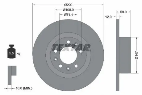 Диск тормозной (задний) Peugeot 508 10-18 (290х12) PRO TEXTAR 92313603