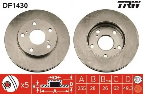 Диск тормозной передний Лев/Прав TOYOTA CAMRY, GAIA, PICNIC 2.0-3.0 TRW DF1430
