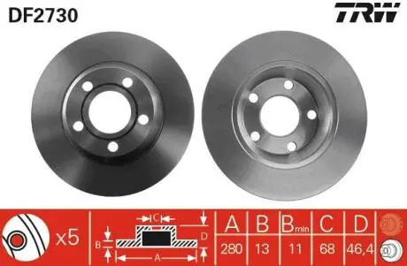Диск тормозной передний Лив/Правый AUDI A4 B5 1.6/1.8/1.9D 11.94-09.01 TRW DF2730