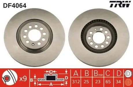 Диск тормозной (передний) Audi A3 99-/TT 01-06/VW Golf IV 97-05/Polo 02-09 (312x25) TRW DF4064