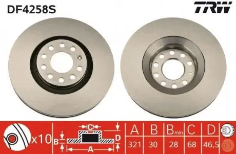 Диск тормозной (передний) Audi A4/A6 97-08 TRW DF4258S