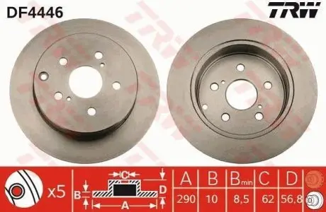 Диск тормозной задн/Лив/Прав TOYOTA COROLLA VERSO 1.6-2.2D 04.04-03.09 TRW DF4446
