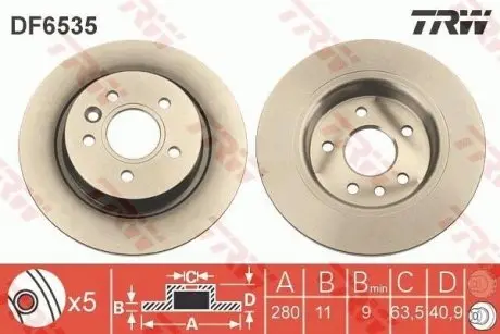 Диск тормозной (задний) Ford C-max/Focus II/Volvo C30/C70/S40/V50 04-12/V40 12- TRW DF6535