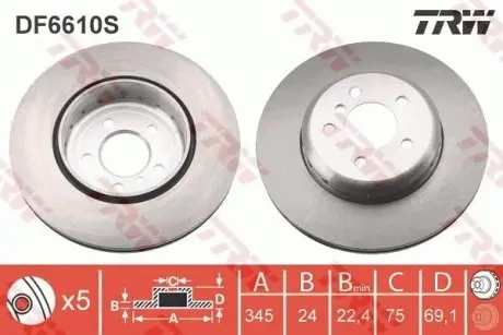Диск тормозной (задний) BMW 5 (F10/F11)/6 (F06/F13)/ 7 (F01-04) 09- (345x24) TRW DF6610S