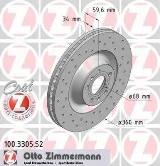 Диск тормозной (передний) Audi A6/A8/VW Phaeton 04-16 (360x34) (с покрытием) (с отверстиями) (вент.) ZIMMERMANN 100.3305.52