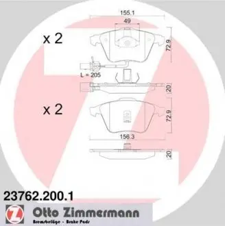 Колодки тормозные (передние) Audi A6 97-05 (с датчиками) (Ate-Teves) ZIMMERMANN 23762.200.1