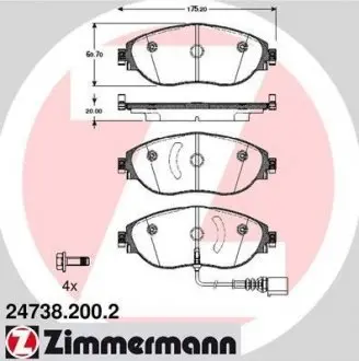 Колодки гальмівні (передні) Audi A3/Skoda Octavia III/VW Passat/Golf 13- (TRW) (з датчиком) ZIMMERMANN 247382002