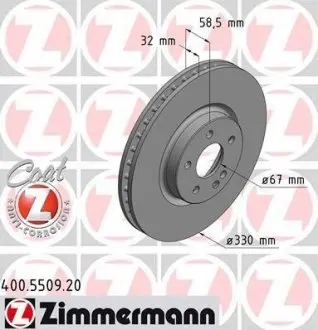Диск тормозной (передний) MB Vito (W447) 14-(330x32) (с покрытием) (вентилированный) ZIMMERMANN 400.5509.20