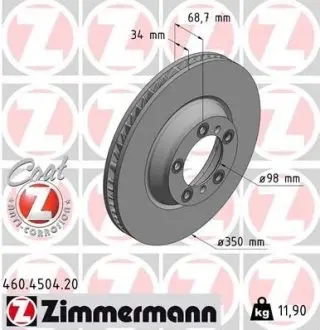 Диск гальмівний (передній) Porsche Cayenne/Panamera 2.9/3.0/4.0 16- (L) (350x34) ZIMMERMANN 460450420